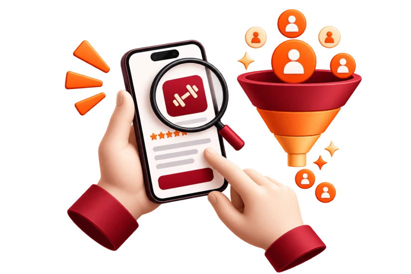 Illustration of a hand holding a phone, with a magnifying glass over the app listing beside a funnel of users