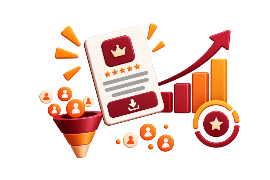 Illustration of a top-rated app listing beside a rising bar chart and a funnel of users