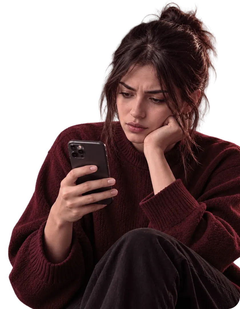 A founder frowning at her phone after a quiet launch